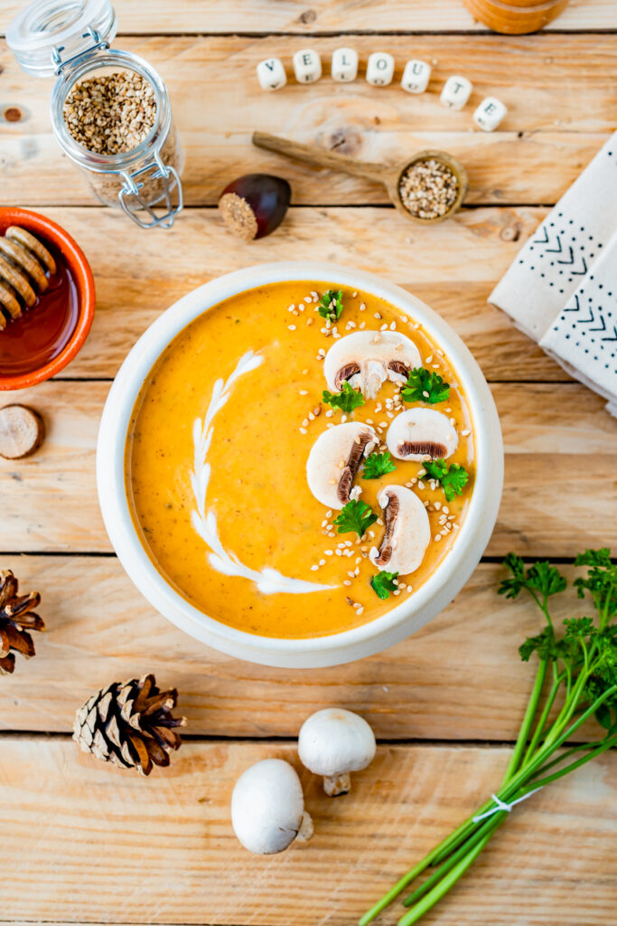 Velouté de patates douces, champignons et miel